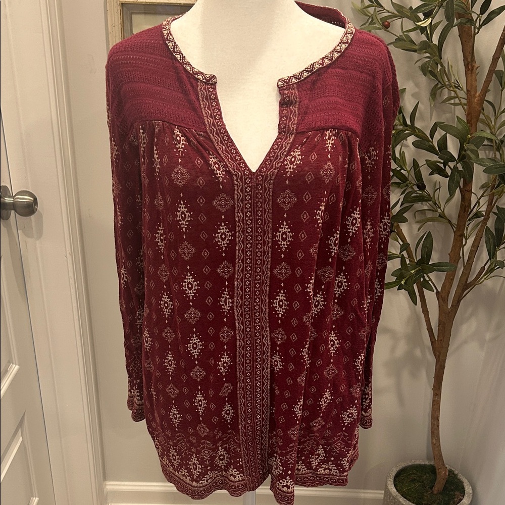 Lucky Brand Women's Burgundy Printed Boho Tunic Top